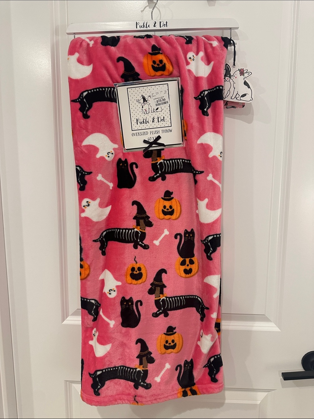 NWT Pickle & Dot Pink Halloween Skeleton Dachshund Plush Throw Blanket 60"x70"